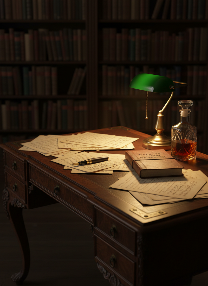 An ornate antique writing desk of dark mahogany sits in a dimly lit manor library, its polished surface scattered with yellowed manuscript pages covered in dense handwriting, a vintage fountain pen, and a leather-bound notebook titled “Meurtres au Manoir MacKintosh.” A crystal decanter half-filled with amber whisky rests to one side, beside a brass banker’s lamp casting a focused, warm pool of light. Background shelves filled with old, leather-spined books fade into soft shadow. Photographic realism with a shallow depth of field, shot at a slight three-quarter angle to emphasize the desk and pages. The atmosphere is secretive and conspiratorial, blending professional refinement with simmering suspense.