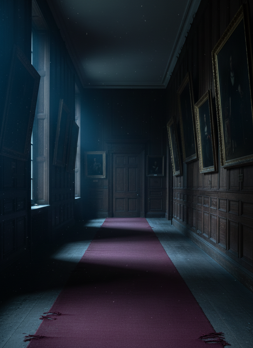 A long, shadowy manor corridor stretches into the distance, lined with dark wood paneling and faded oil paintings in gilded frames. A deep red runner carpet, slightly worn at the edges, leads the eye toward a single closed door at the far end. Moonlight filters through tall, narrow windows on one side, creating alternating bands of pale light and heavy darkness across the floor. Photographic realism with strong linear perspective and a centered composition intensifying the sense of unease. Fine dust motes hang in the air, caught in the cold, bluish light. The mood is ominous and claustrophobic, evoking classic crime thriller tension without any human presence.