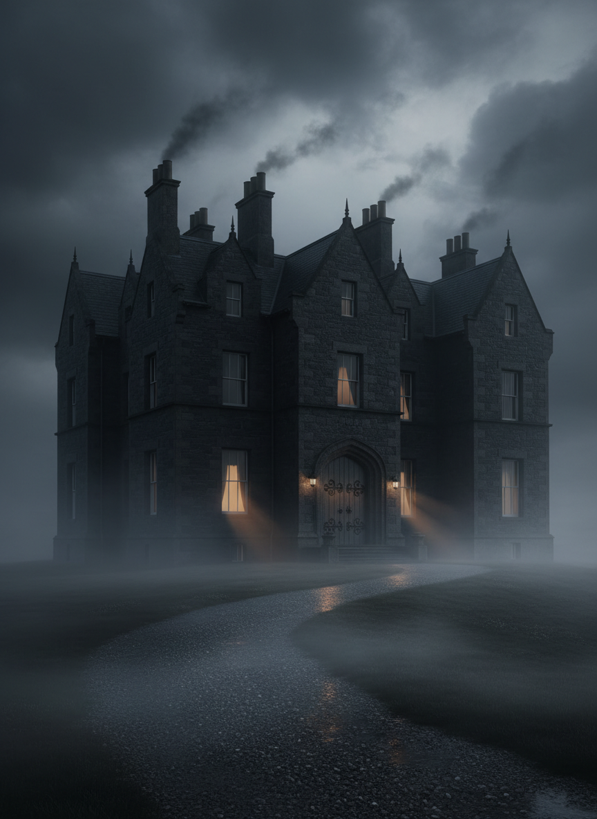 A looming Scottish manor house of dark grey stone rises on a windswept hill, its steep gables and narrow chimneys etched sharply against a brooding, cloud-laden sky. Rain-slicked gravel leads up to the heavy oak front doors, their iron fittings glistening. Soft, cold twilight seeps through a few lit windows, casting narrow beams onto the fog that curls along the ground. Photographic realism with an eye-level composition, using dramatic side lighting from a hidden moon to pick out textures in the stone and wet surfaces. The mood is tense and foreboding, with deep shadows suggesting unseen corners, perfect as a cover image for a professional thriller website.