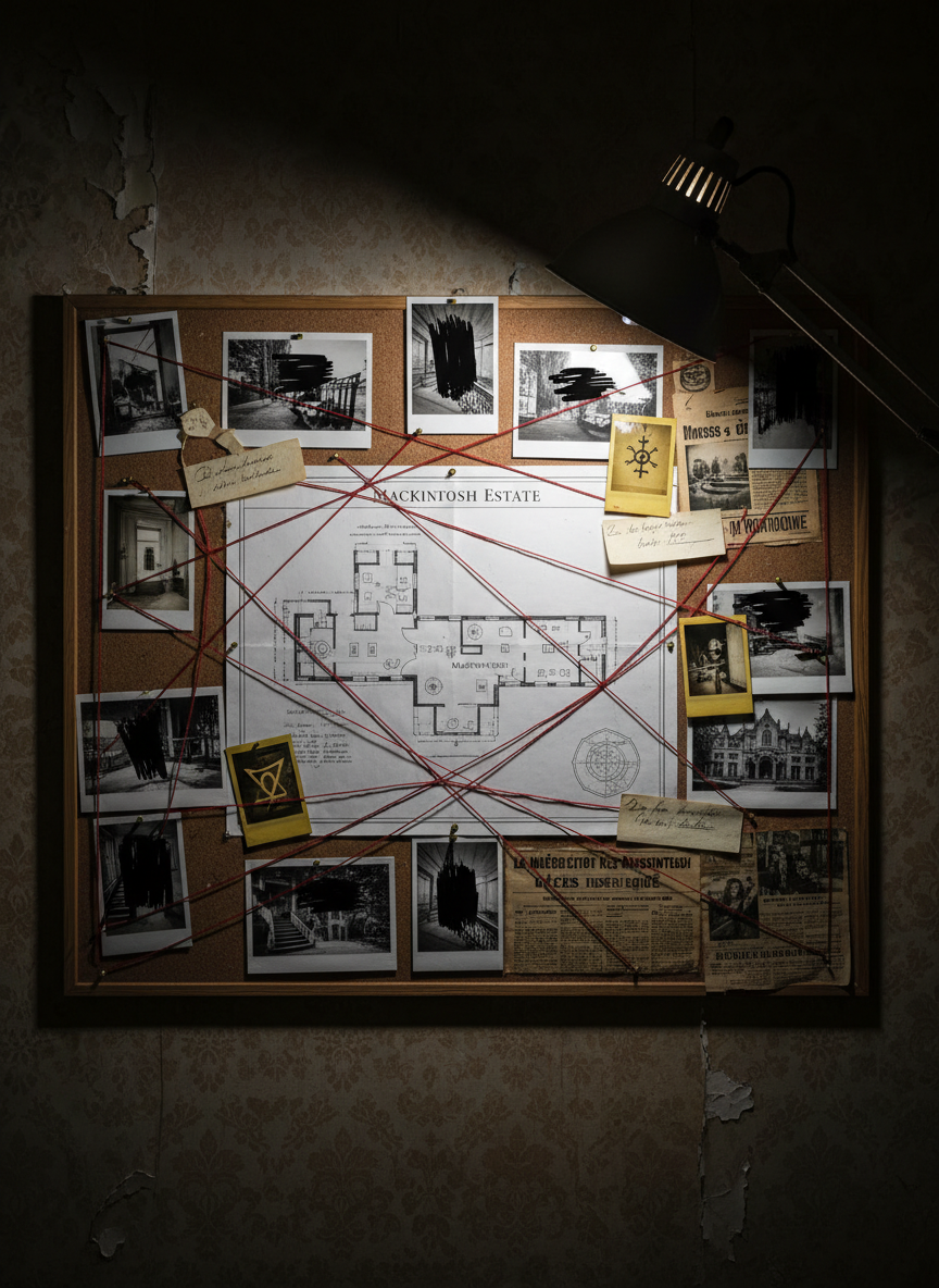 An evidence board fills the frame, mounted on aged, peeling wallpaper in a manor study. A large, detailed floor plan of the MacKintosh estate is pinned at the center, surrounded by high-contrast black-and-white crime scene photos of rooms, objects, and exterior angles of the house, all with the faces mysteriously cropped or obscured. Red string connects various Polaroids, handwritten notes in French, and newspaper clippings about unexplained deaths. A single adjustable desk lamp casts harsh, focused light, leaving the corners of the room in deep shadow. Photographic realism, shot at eye level with sharp focus on the central cluster of clues. The atmosphere is analytical, professional, and chillingly methodical.