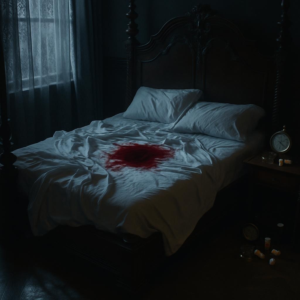 A heavy, carved four-poster bed dominates an opulent manor bedroom, its dark wood gleaming faintly in the low light. Crisp white sheets are violently disturbed, twisted and half hanging off the mattress, with a single dark crimson stain at the center contrasting starkly. On a nearby bedside table, an antique brass clock shows 3:17, beside an overturned crystal glass and scattered prescription pill bottles. Moonlight filters through lace curtains, casting intricate patterns on the floor and bed. Photographic realism with a cinematic, slightly elevated angle, focusing on the bed while the rest of the room falls into soft gloom. The mood is unsettling and forensic, hinting at a fresh, unexplained crime.